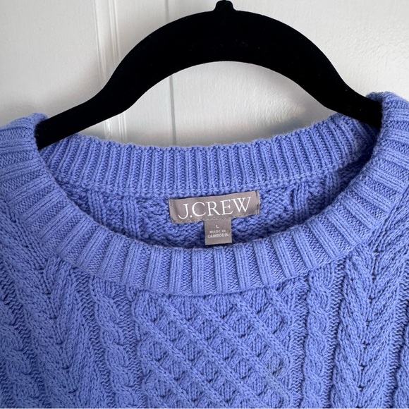 J.Crew Cable-Knit Puff-Sleeve Crewneck Sweater in Fresh Orchid sz L - Picture 3 of 10